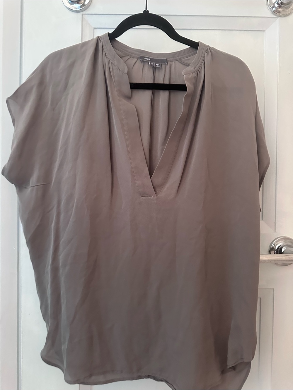 Vince Taupe Split-Neck 100% Silk Cap Sleeve Blouse